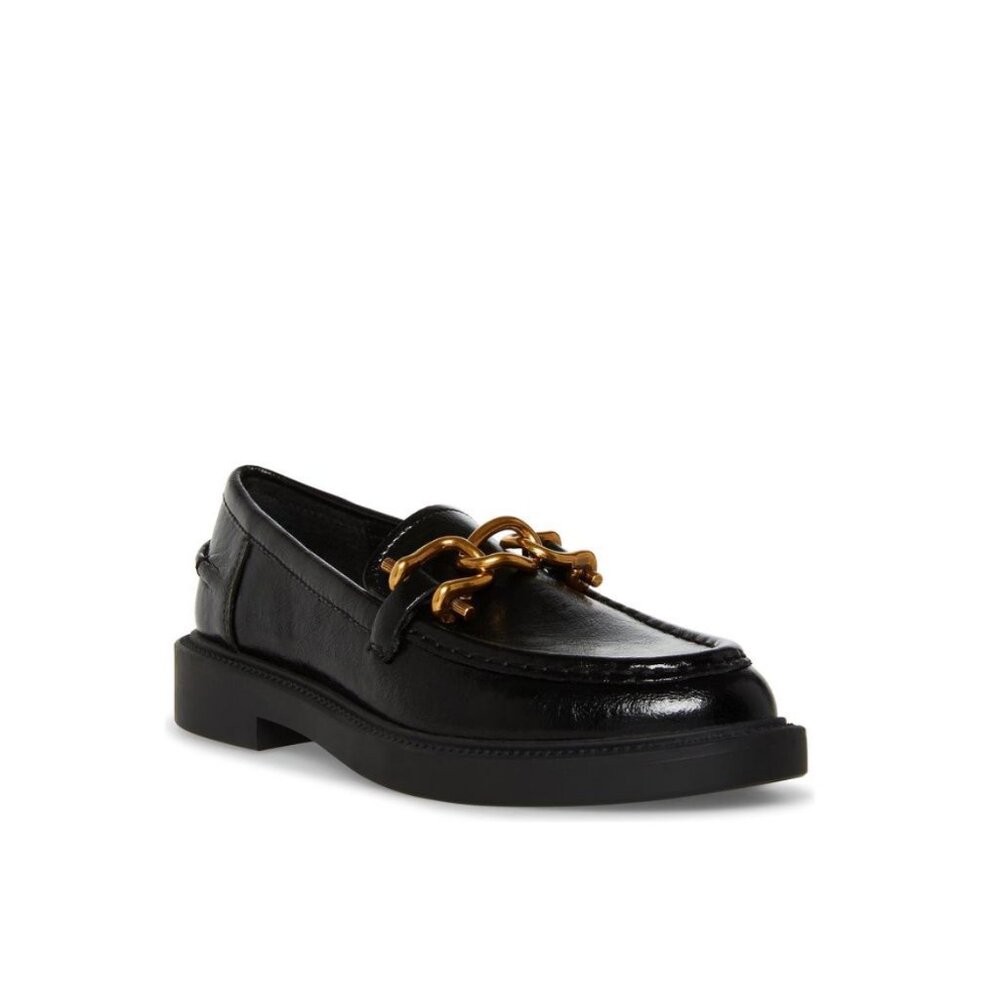 Steve Madden Black Leather Chain-Trim Loafers